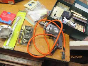 lot 116 image: Variety of electrical supplies and vintage Jacobs electric 38 drill