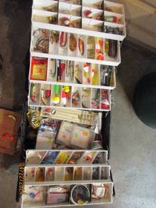 lot 123 image: Fenwick Hi-tech 5.7 tacklebox full of assorted baits, lures and other fishing supplies