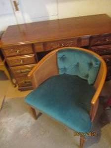 lot 139 image: Solid Wood 9-drawer desk with vintage padded club chair