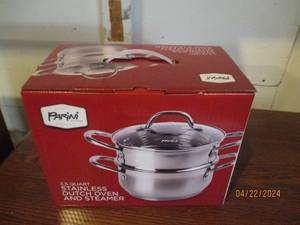 lot 152 image: New Parini 3.5qt Stainless Dutch oven and steamer with lid