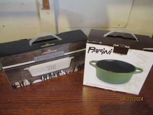 lot 156 image: New Parini Non-stick flameproof 1qt casserole pan & Loblolly Pibes ceramic 11.5 loaf pan