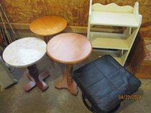 lot 157 image: Round pedestal side table trio plus heart cut out shelf and pleather rocking Ottoman