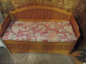 lot 159 image: Petite Wood entry bench with padded seat and under storage