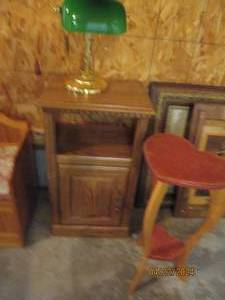 lot 160 image: Wood night stand, heart shelf and vintage Bankers lamp