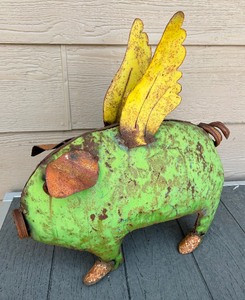 lot 222 image: Rustic Style Metal Flying Pig Sculpture