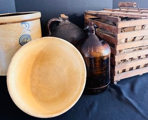 lot 317 image: Vintage Rustic Farm Style Decor including a Primitive Bee Sting Crock