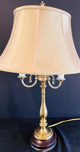 lot 305 image: Vintage Pair of Brass Lamps with Beautiful Details and Silky Lamp Shades