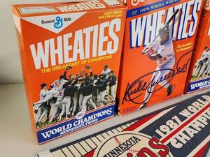lot 446 image: (2) 1987 World Champions Minnesota Twins & (1) Kirby Puckett Wheaties Boxes with Pennant