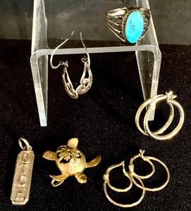 lot 382 image: Pretty Sterling Silver Charms, Earrings and Turquoise Ring