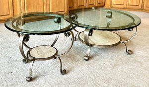 lot 23 image: Pair of Elegant Glass Top Accent Tables with Ornate Metal Bases