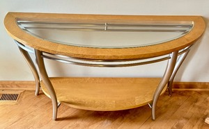 lot 43 image: Crescent Shaped Glass Top Console Table