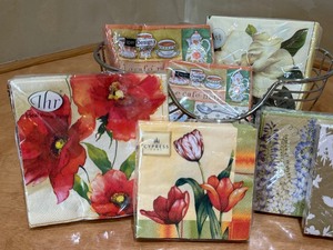 lot 49 image: Metal Fruit Basket and Variety of New Decorative Napkins