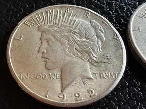 lot 22A image: Two 1922 United States Peace Dollar Coins