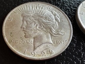 lot 22B image: Two United States 1922 Peace Silver Dollar Coins