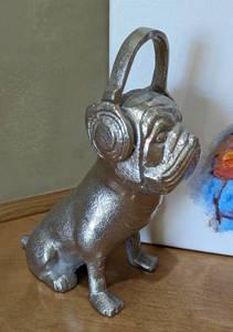 lot 134 image: Colorful Canvas Whimiscal Dog Print and Figurine