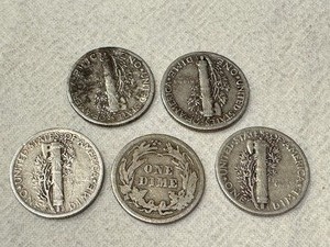 lot 220 image: Four Silver United States Mercury Dimes and One United States 1913 Barber Dime