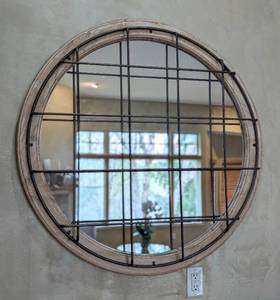 lot 65 image: Caged Industrial Style Wood Wall Mirror