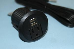 lot 143 image: Lot of 7 - NEW - 2 Tabletop  Desk  Counter  Work Surface Round Low-Profile AC Power & 2 USB Power Grommet Units