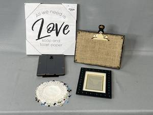 Set of 4 Beaded Round Doilies, Clip Picture Frames, 1 LOVE Wall Art, 1 4x6 Picture Frame
