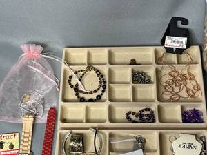 Decorative Box (no lid) w Costume Jewelry - All Types Inc Necklaces, Watches, Bracelets