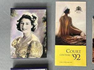 Lot of Queen Elizabeth Note Pads (slightly worn), Postcard, Picture, Diana & Charles Pin, Commonwealth Dollar Pendant