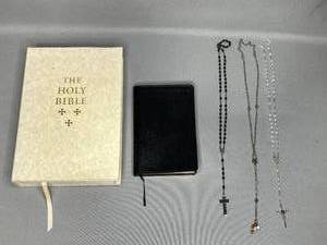 Beautiful White Cover Holy Bible, 3 Rosaries, Black Cover Handheld Bible
