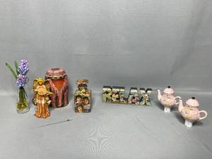 Victorian Tea Tin, RELAX Sign, Angel Figurine, Hat Pin, Two Paris Themed Nigh Lights, Artificial Flower in Bud Vase