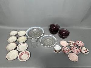 Lot of (8) 4 Bowls, Milk Glass Bowls with Scalloped Edges (9.5 & 8), (7) Mini 3.5 Plastic Sauce Bowls, 5 Purple Glass Bowls