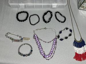 Lot of Costume Jewelry Inc 1 Charm Bracelet, 6 Bracelets & 2 Necklaces, Plastic Case, Mirrored Floral Jewelry Box