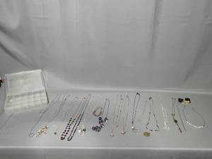 Lot of Costume Jewelry Inc 18 Necklaces, 1 Pr Earrings & Plastic Divided Container