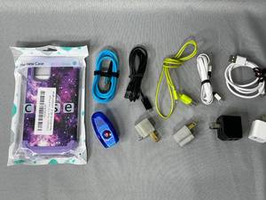 Various Android & iPhone Chargers, iPhone 11 Case, Plug In Wall Adapters, Wireless Forecast Station (untested)