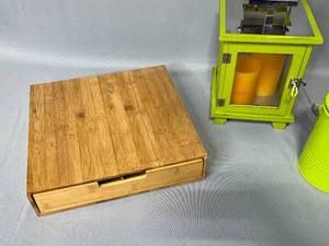 Flameless Candles in Lime Green Lantern, Leaf Design Metal Decor Piece, Lime Green Container w Lid, Wooden Storage Box (cracked)