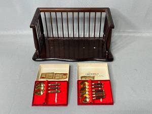Incomplete Set of Bronze Spoons (made in Thailand) & Wooden Counter Organizer