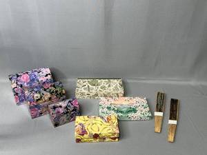 Various Size Floral Containers, Box w Angels Design, Two Sealed Hand Fans, Misc Empty Boxes