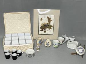 Incomplete Set of Expresso Cups & Saucers in Case, Wall Decor, 2 Golden Crown E & R 1886 Cups, Kernewek Floral Pitcher, Corden Bleu Cow Figurine & More