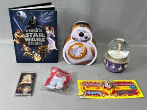 5-Minute Star Wars Storybook, Star Wars Lunch Box, Fox & the Hound 1981 Disney Coin, Big Red Shoe TY Mini Beanie Baby Tear, Tara Lipinski Snow Globe, Barnum Watch (damaged packaging)