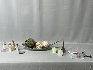 Home Decor, Angel Figurines, Trinket Boxes w Lids, Eiffel Tower Replica, Various Size Plate Stands