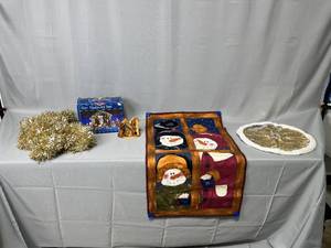 Wood Nativity Set 5, Ten Pc Hand Painted Porcelain Nativity Set, Wall Hanging, Small Tree Skirt