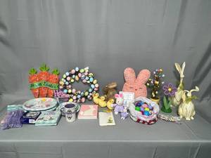 Lot of Easter Decorations Inc Wreath, Bunnies & Chicks, Mug, New & Unused Paper Plates & More Tote Not Inc