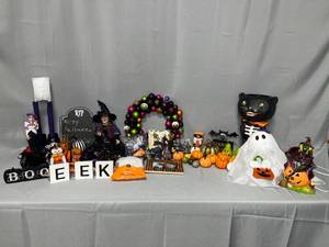 Lot of Halloween Decorations Inc Wreath, Ghost Figures, Pumpkins, Wooden Cube Signage & More