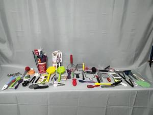 Huge Lot of Kitchen Utensils Inc Crock, Copper Knife (unused in pkg), Measuring Spoons & Much More