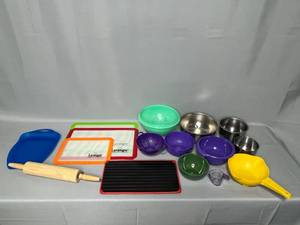 Lot of Strainers, Bowls, Rolling Pin & Mini Measuring Cup