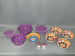 Purple Polka Dot Serving Dishes, Salt and Pepper Shakers, Ceramic Stripe Bowl, 4 Plastic Colorful Bowls