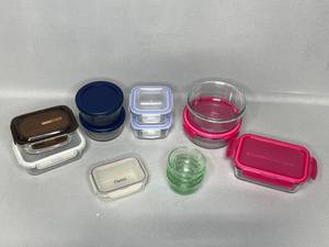 Glass Food Storage Containers w Lids (except 1 circle) Inc 1 Small Plastic (Curves), 3 Ramekins, 2 Anchor Hocking & 1 Komax Glass