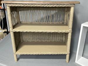 Two Shelf Tan Table and White Wall Square Wall Hanging