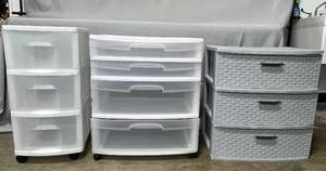 3 Plastic Storage Units w Drawers - 2 on Wheels