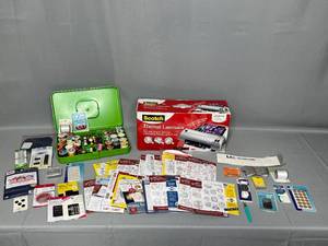 Scotch Thermal Laminator, Thread and Thread Storage Container, Iron On Embroidery Transfer Patterns, Singer Sewing Needs, Hook and Eyes, many other sewing supplies