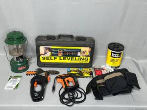 Self Leveling Contractor Grade Laser Level, Tub O Towels Heavy Duty Cleaning Wipes, Excellent Condition Tool Belt, Coleman Lantern, PowerShot Pro Staple Gun and Arrow Staples, Remington 7.2V Multi Tool (no power cord and untested)