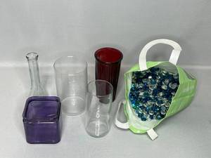Various Size Glass Vases (5) and a Large Bag of Decorative Glass Stones