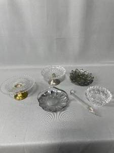 Pair of VTG Federal Glass Petal Design Smoky Iridescent Carnival Glass Bowls, VTG Bon Bon Tidbit Gold Tone Pedestal 6 Tray, Silver Tone Basket, ETC